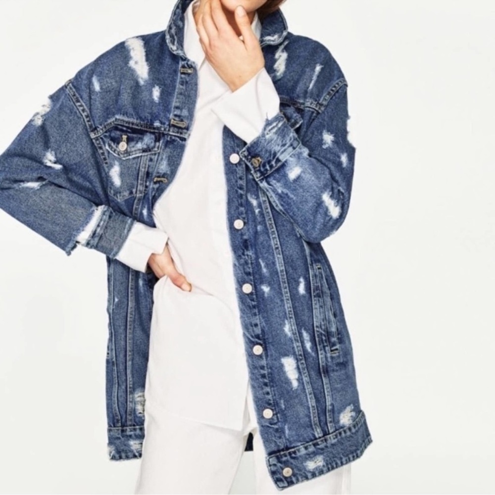 Zara Distressed Denim Long Oversized Jacket size S